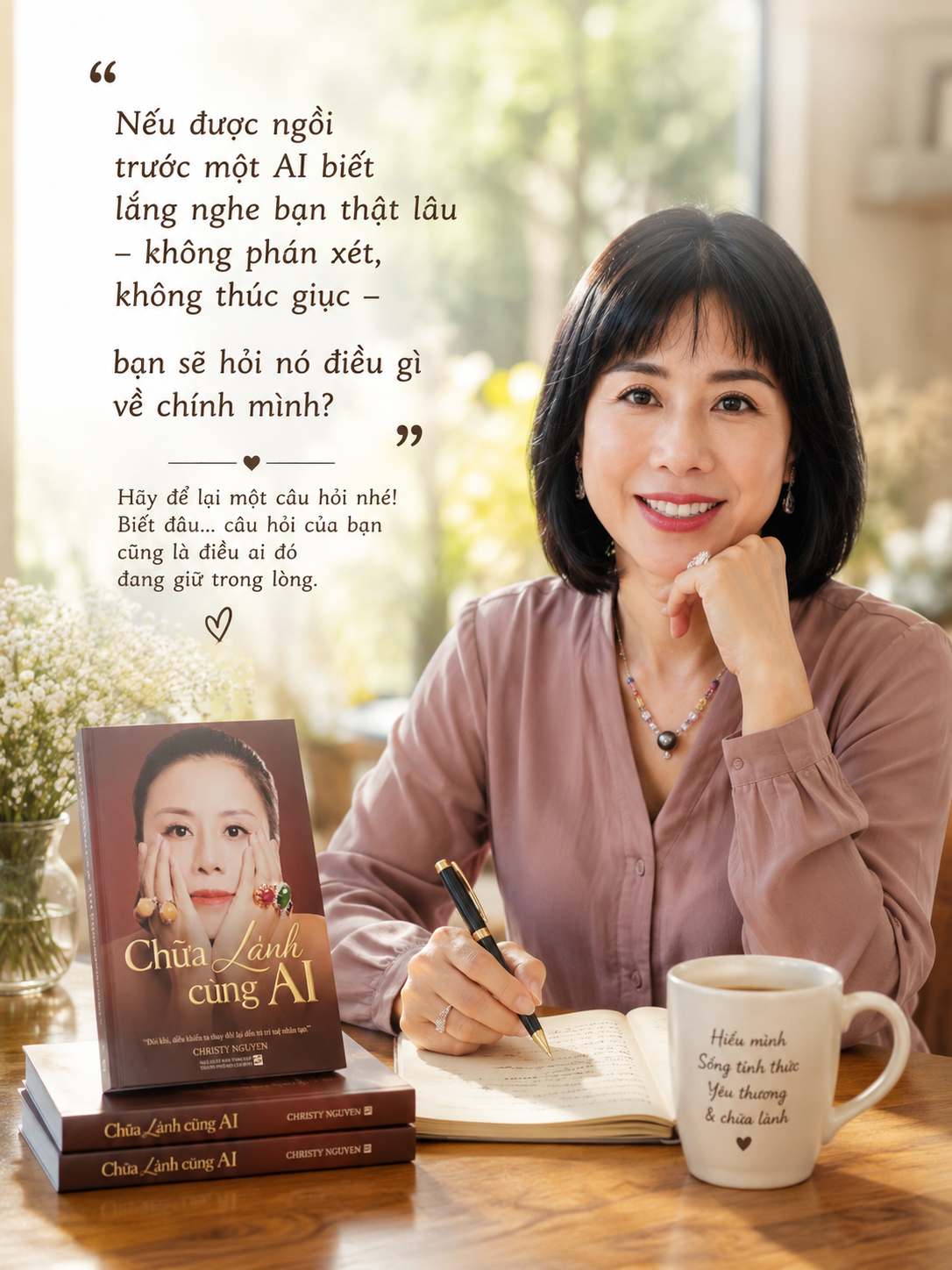 Sách Chữa Lành Cùng AI của Christy Nguyễn và câu hỏi giúp hiểu bản thân.